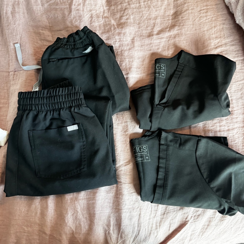 Two scrub sets, figs, black joggers
